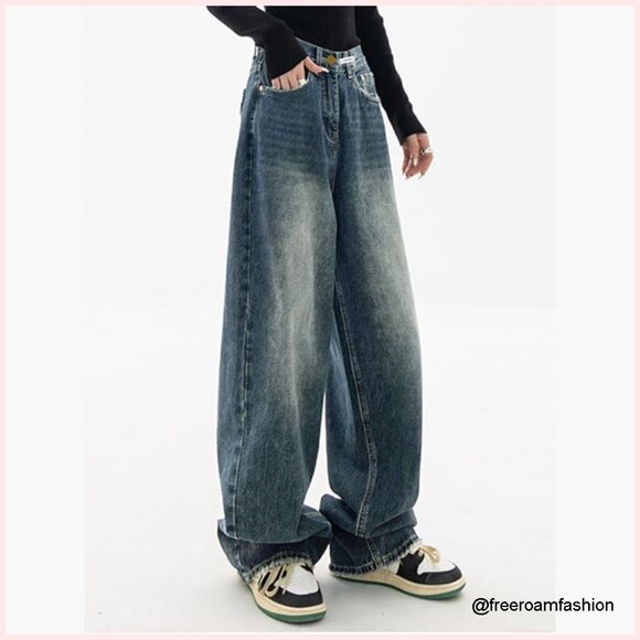 Wide Leg Boyfriend Jeans High Rise Distressed Vintage Denim Pants - Picture 4 of 7